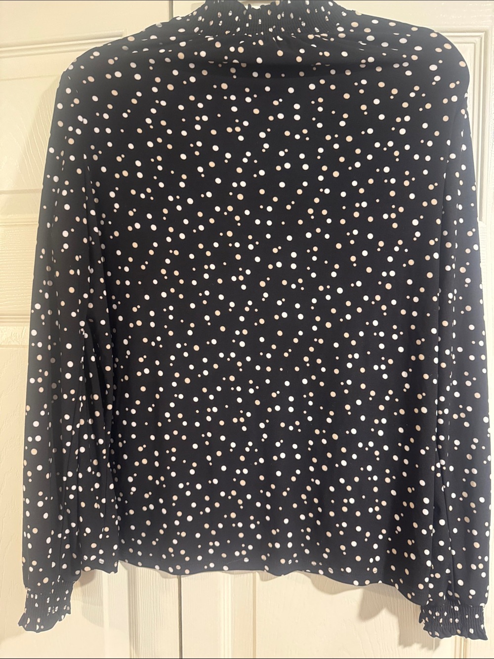 Anne Klein Black blouse with White Polka Dot Print-L
